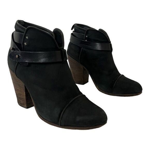 Rag & Bone Harrow Ankle Boots Black Leather Size 37 Ankle Strap Booties - Picture 1 of 9